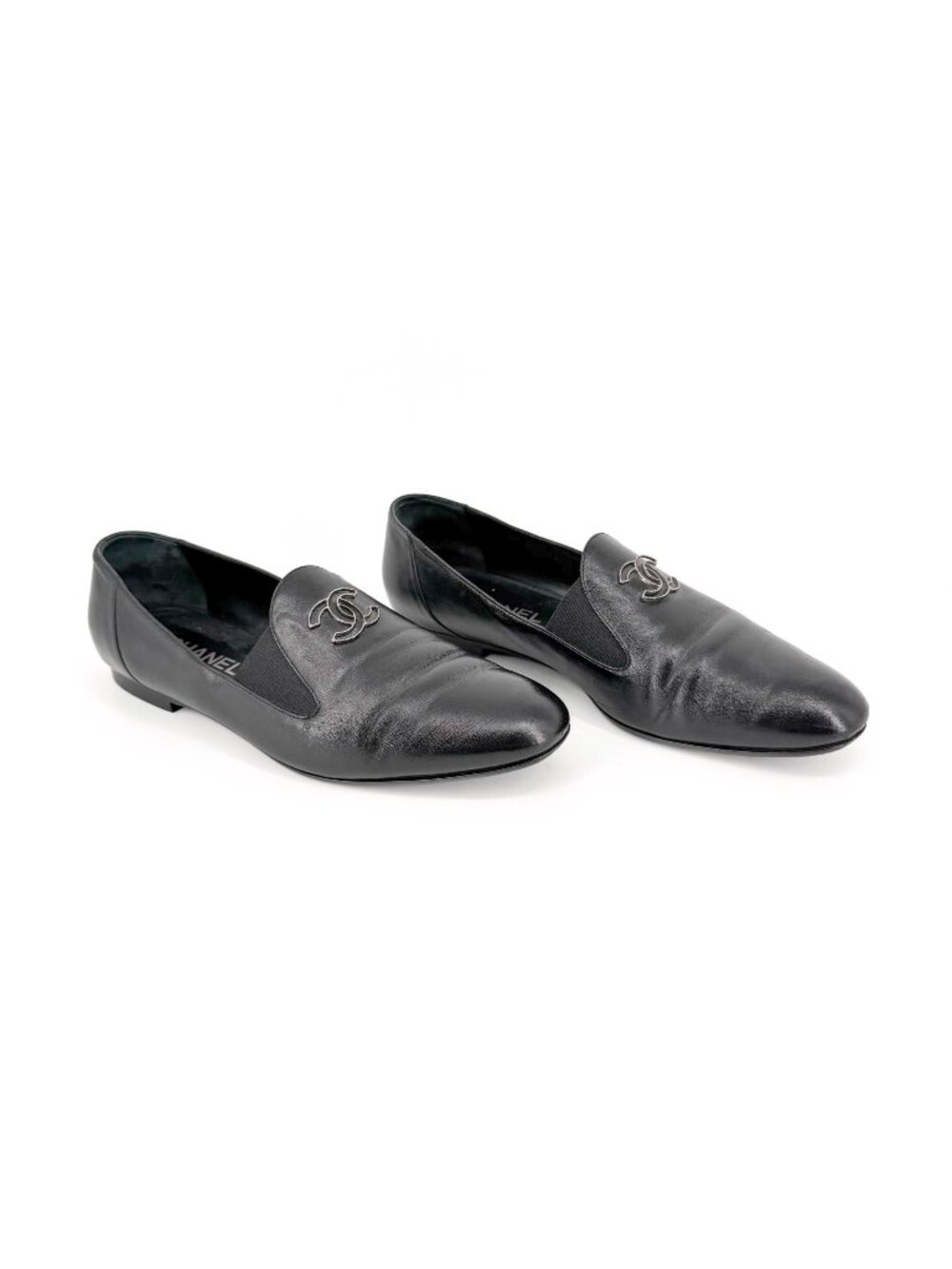 Chanel CC Slip On Loafers Flats Black Leather Size 41 US 10-10.5 Women’s